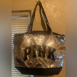 PINK Sequin Tote Bag - Silver and Black